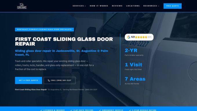 First Coast Sliding Glass Door Repair website homepage built by AXF Creative