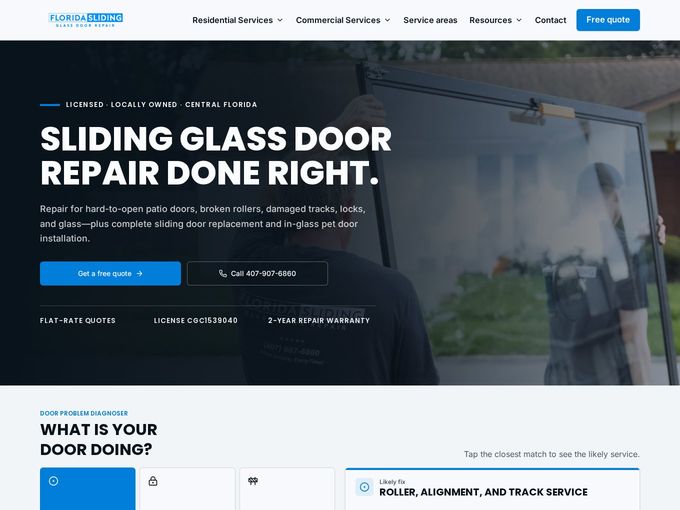 Florida Sliding Glass Door Repair website homepage built by AXF Creative