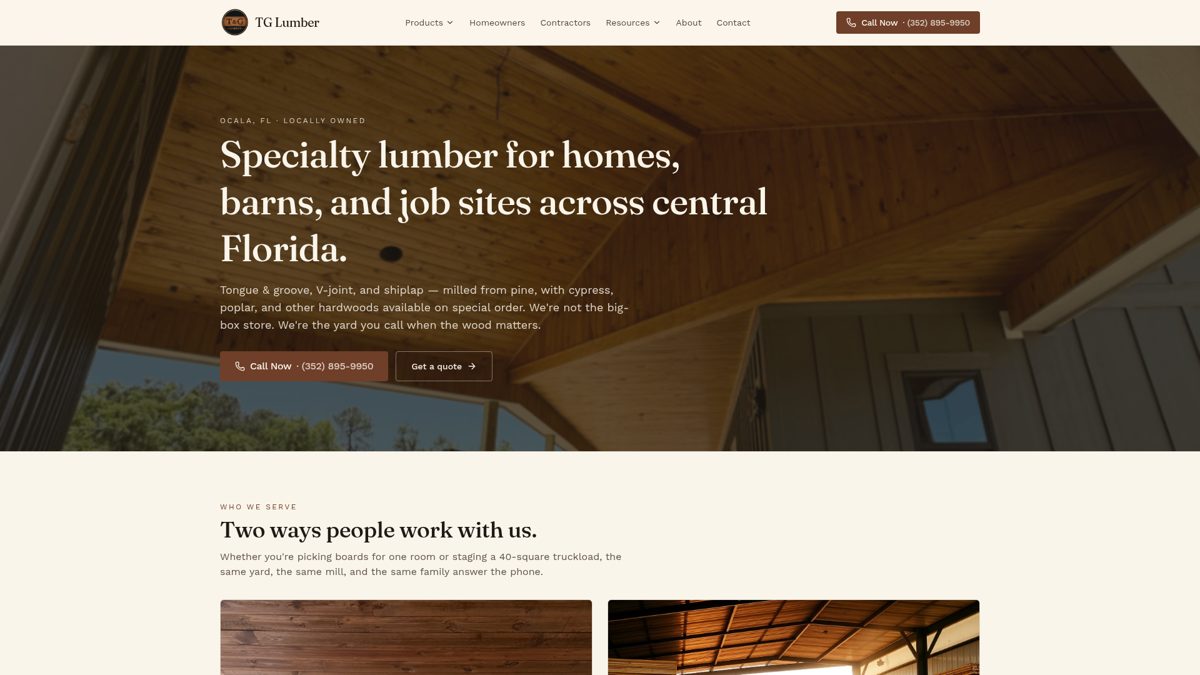 T&G Lumber website homepage built by AXF Creative